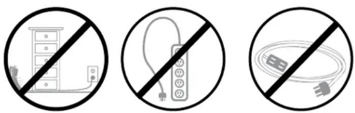 Three circular symbols with prohibition signs: no electrical circuit, connected plug, and connected plug wires.