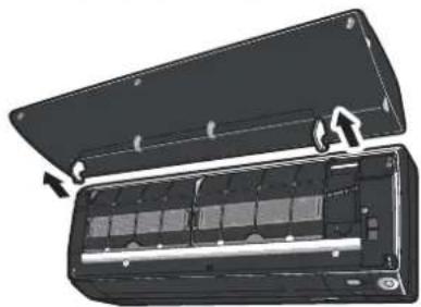 Interior view of a black air conditioner unit showing internal panel and ventilation slots (no text or symbols visible)