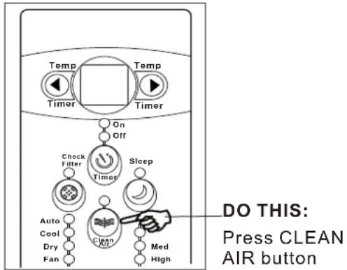Temp Timer On Off Check Filter Time Sleep Auto Cool Dry Fan Clean Air Med High DO THIS: Press CLEAN AIR button