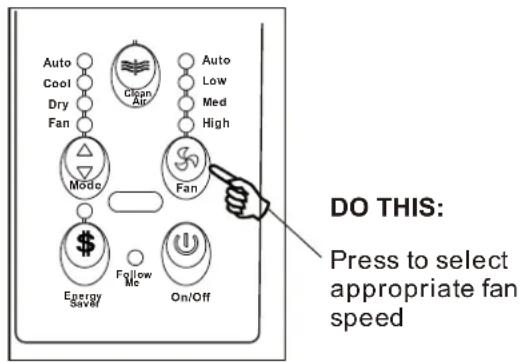 Auto Cool Dry Fan Clean Air Auto Low Med High Mode Fan Energy Save Follow Me On/Off DO THIS: Press to select appropriate fan speed