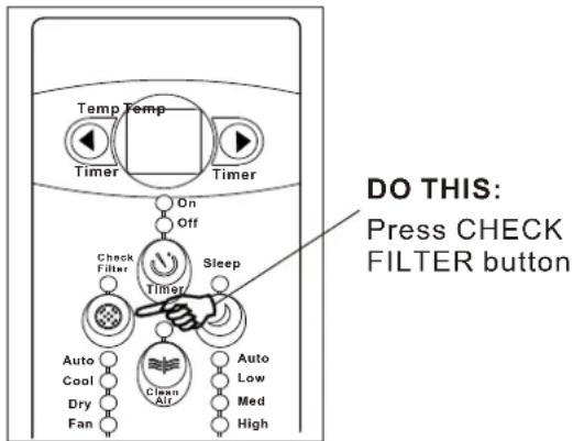 DO THIS: Press CHECK FILTER button Temp Temp Timer Timer On Off Check Filter Timer Sleep Auto Cool Dry Fan Clean Air Auto Low Med High
