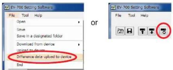 EV-700 Setting Software File Tool Help Open Save Save in a designated folder Download from device Upload to devices Difference data uploaded to device End or EV-700 Setting Software File Tool Help