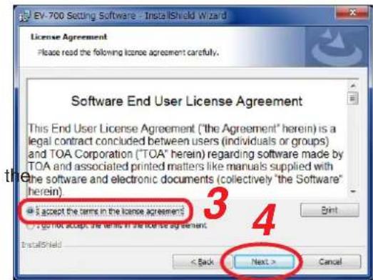 EV-700 Setting Software - InstallShield Wizard License Agreement Please read the following license agreement carefully. Software End User License Agreement This End User License Agreement ("the Agreement" herein) is a legal contract concluded between users (individuals or groups) and TOA Corporation ("TOA" herein) regarding software made by TOA and associated printed matters like manuals supplied with the software and electronic documents (collectively "the Software" herein). I accept the terms in the license agreement I go not accept, and then in the code for agreement. InstallShield < Back Next > Cancel
