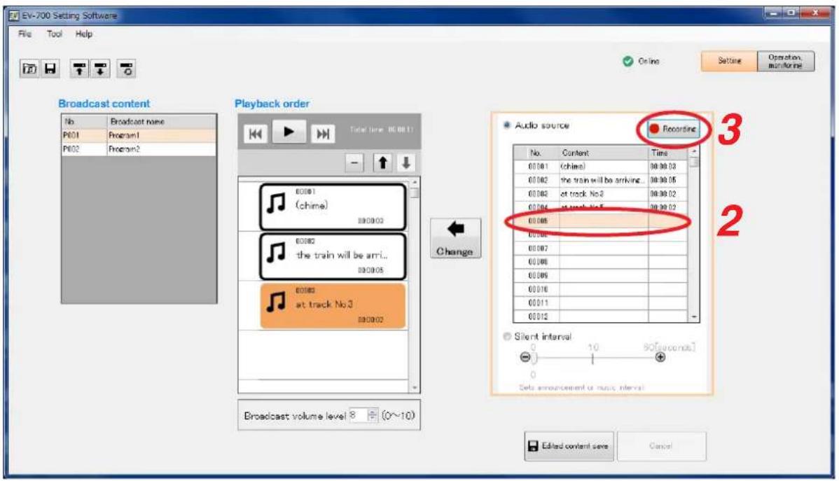 EV-700 Setting Software File Tool Help ○ Online ○ Setup ○ Operation: monforme ○ Broadcast content No Broadcast name P601 Program1 P602 Program2 Playback order Total time: 00:00:1 00:00:1 (chime) 00:00:2 the train will be arri... 00:00:3 at track No.2 00:00:4 at track No.5 00:00:6 at track No.7 00:00:8 at track No.9 00:00:10 at track No.11 00:00:12 at track No.13 00:00:14 at track No.15 00:00:16 at track No.17 00:00:18 at track No.19 00:00:21 at track No.22 00:00:23 at track No.24 00:00:25 at track No.26 00:00:27 at track No.28 00:00:29 at track No.30 00:00:31 at track No.32 00:00:33 at track No.34 00:00:35 at track No.36 00:00:37 at track No.38 00:00:39 at track No.40 00:00:41 at track No.42 00:00:43 at track No.44 00:00:45 at track No.46 00:00:47 at track No.48 00:00:49 at track No.51 00:00:52 at track No.53 00:00:54 at track No.55 00:00:56 at track No.57 00:00:58 at track No.59 00:00:61 at track No.62 at track No.63 00:00:64 at track No.65 at track No.66 00:00:67 at track No.68 at track No.69 00:01:16 at track No.71 at track No.72 at track No.73 at track No.74 at track No.75 at track No.76 at track No.77 at track No.78 at track No.79 at track No.81 at track No.82 at track No.83 at track No.84 at track No.85 at track No.86 at track No.87 at track No.88 at track No.89 at track No.91 at track No.92 at track No.93 at track No.94 at track No.95 at track No.96 at track No.97 at track No.98 at track No.99 at track No.11 at track No.12 at track No.13 at track No.14 at track No.15 at track No.16 at track No.17 at track No.18 at track No.19 at track No.21 at track No.22 at track No.23 at track No.24 at track No.25 at track No.26 at track No.27 at track No.28 at track No.29 at track No.31 at track No.32 at track No.33 at track No.34 at track No.35 at track No.36 at track No.37 at track No.38 at track No.39 at track No.41 at track No.42 at track No.43 at track No.44 at track No.45 at track No.46 at track No.47 at track No.48 at track No.49 at track No.51 at track No.52 at track No.53 at track No.54 at track No.55 at track No.56 at track No.57 at track No.58 at track No.59 at track No.61 at track No.62 at track No.63 at track No.64 at track No.65 at track No.66 at track No.67 at track No.68 at track No.69 at track No.71 at track No.72 at track No.73 at track No.74 at track No.75 at track No.76 at track No.77 at track No.78 at track No.79 at track No.81