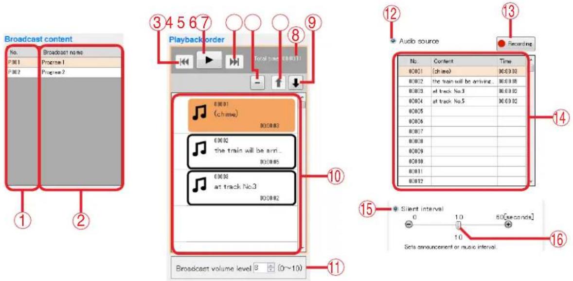 Broadcast content No. Broadcast name P001 Program 1 P002 Program 2 1 2 34567 Playback order Total time (0:00:11) 8 9 10 11 12 Audio source Recording 13 14 15 Silent interval 0 1.0 60[seconds] 1.0 Sets announcement or music interval 16 Broadcast volume level 3 (0~10)