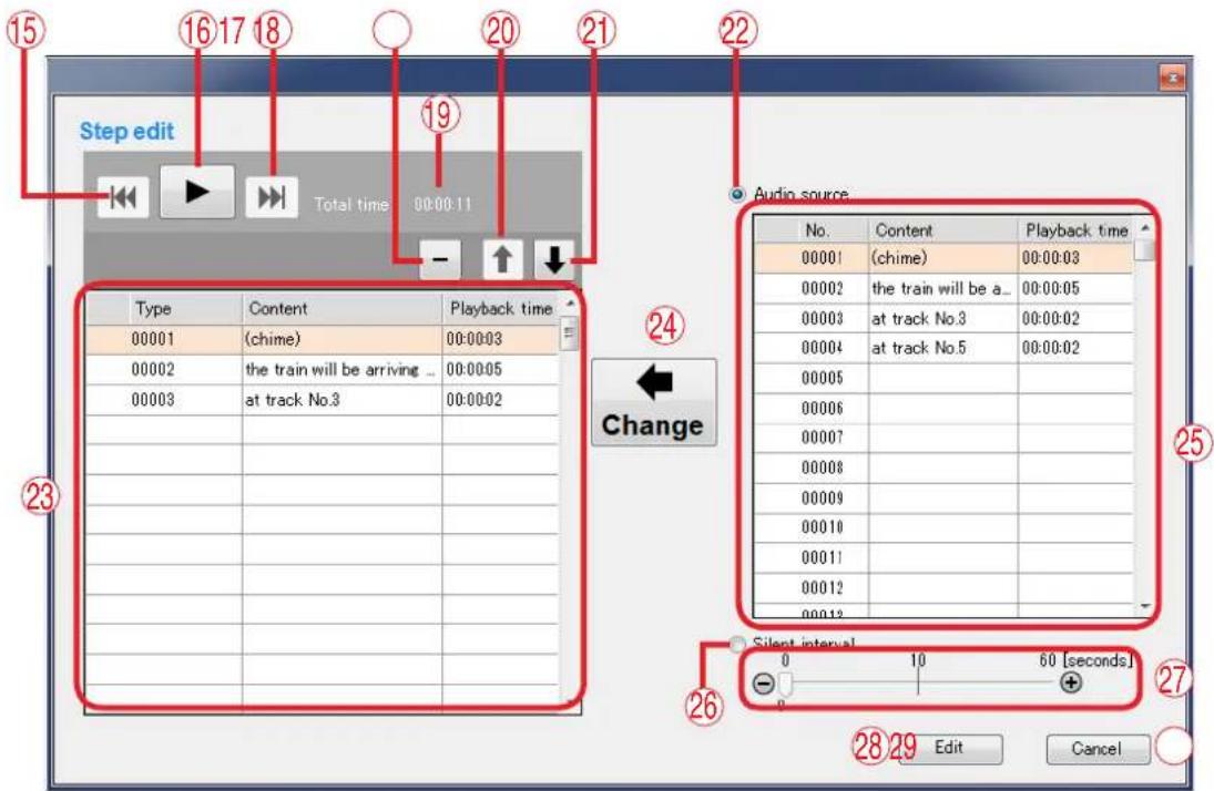 Step edit Total time 00:00:11 Type Content Playback time 00001 (chime) 00:00:03 00002 the train will be arriving ... 00:00:05 00003 at track No.3 00:00:02 Audio source No. Costent Playback time 00001 (chime) 00:00:03 00002 the train will be a... 00:00:05 00003 at track No.3 00:00:02 00004 at track No.5 00:00:02 00005 00006 00007 00008 00009 00010 00011 00012 00013 Change Silent interval 0 10 60 [seconds] Edit Cancel