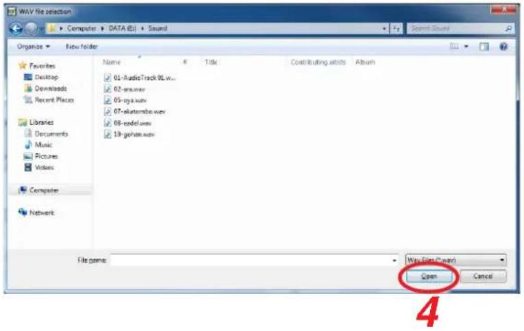 WAV file selection Computer > DATA (E:) > Sound Organize > New folder Favorites Desktop Downloaded Recent Places Libraries Documents Music Pictures Videos Computer Network Name 01-AudioTrack 9Lw... 02-answer 05-rya.wav 07-alkatombe.wav 08-radelama 10-gohan.wav File name: Way Files (*wav) Open Cancel