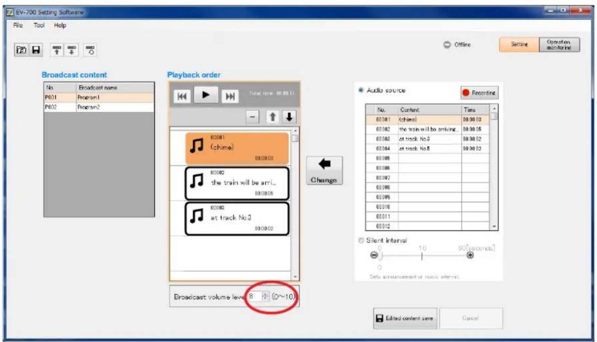 EV-700 Setting Software File Tool Help Offline Setting Operation monitoring Broadcast content No Broadcast name P601 Program1 P602 Program2 Playback order Total time: 00:00:11 60081 (chime) 00:00:03 60082 the train will be arr... 00:00:05 60083 at track No.3 00:00:03 60084 at track No.8 00:00:03 60:00:03 60:00:03 60:00:03 60:00:03 60:01:03 60:01:03 60:01:03 60:01:03 60:01:03 60:01:03 60:01:03 60:01:03 60:01:03 60:01:03 60:01:03 60:01: 60:01: 60:01: 60:01: 60:01: 60:01: 60:01: 60:01: 60:01: 60:01: 60:01: 60:01: 60:01: 60:01: 60:01: 60:01: 60:01: 60: 69(seconds) Editd content save Cancel