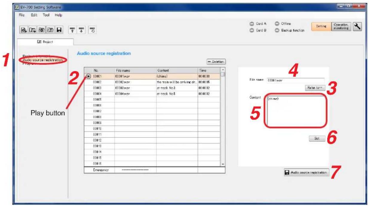 EV-700 Setting Software File Edit Tool Help Card A Offline Card B Backup function Setting Operation Project Audio source registration Play button Audio source registration No. File name Content Time 00061 00061way (china) 00:00:03 00062 00062way the train will be arriving oh... 00:00:05 00063 00063way at track No.3 00:00:02 00064 00064way at track No.5 00:00:02 00065 00066 00067 00068 00069 00110 00111 00112 00113 00114 00115 00116 Emergency ---- Delete File name: 0.0061way Refer turn Content (china) Set Audio source registration