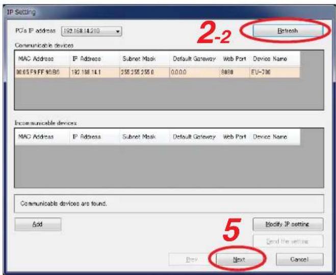 IP Setting PCs IP address 192.168.14.210 Communicable devices MAC Address IP Address Subnet Mask Default Gateway Web Port Device Name 06.05 F9 FF 95.BG 192.168.14.1 255.255.255.0 0.0.0.0 8888 EV-73M Incommunicable devices MAC Address IP Address Subnet Mask Default Gateway Web Port Device Name Communicable devices are found. Add Modify IP setting Send the settings Next Cancel 2-2 Refresh