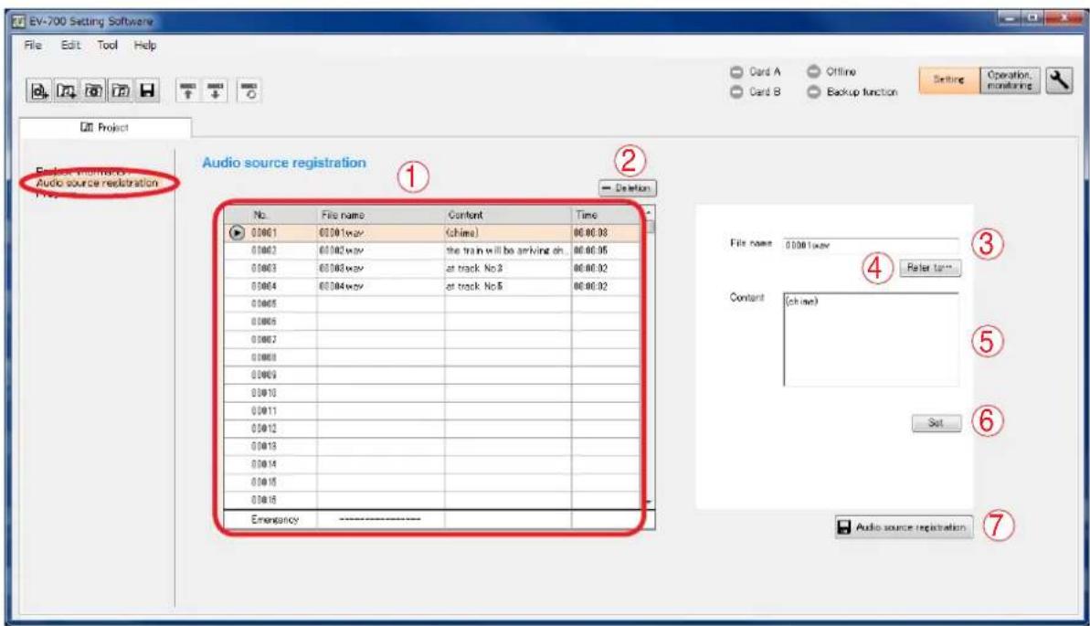 EV-700 Setting Software File Edit Tool Help Card A Offline Card B Backup function Setting Operation: monitoring Project Audio source registration Audio source registration 1 2 No. File name Content Time 00061 00081way (chime) 00:00:38 00062 00082way the train will be arriving on... 00:00:35 00063 00083way at track No.3 00:00:32 00064 00084way at track No.5 00:00:32 00065 00066 00067 00068 00069 00070 00071 00072 00073 00074 00075 00076 Emergency ---- File name 00081way Refer turn... Content (chime) Set Audio source registration