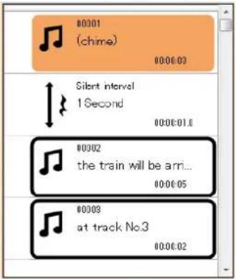 00001 (chime) 00:06:03 Silent interval 1 Second 00:06:01.6 00002 the train will be am... 00:06:05 00003 at track No.3 00:06:02
