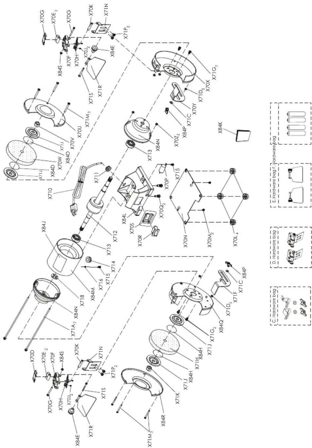 Exploded view diagram of a mechanical assembly with labeled components and exploded views for hardware bags.