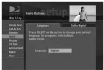 Audio Options Setup Info & Text Sah & Art. Remote Audio Display TV type Access Card Reset Done Language Douby Digital Press SELECT on the option to charge your default language for programs with multiple audio tracks. Language: English
