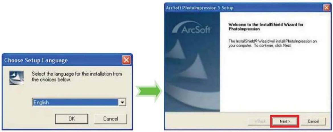 Choose Setup Language Select the language for this installation from the choices below. English OK Cancel ArcSoft Photolmpression 5 Setup Welcome to the InstallShield Wizard for Photolmpression The InstallShield® Wizard will install Photolmpression on your computer. To continue, click Next Back Next…
