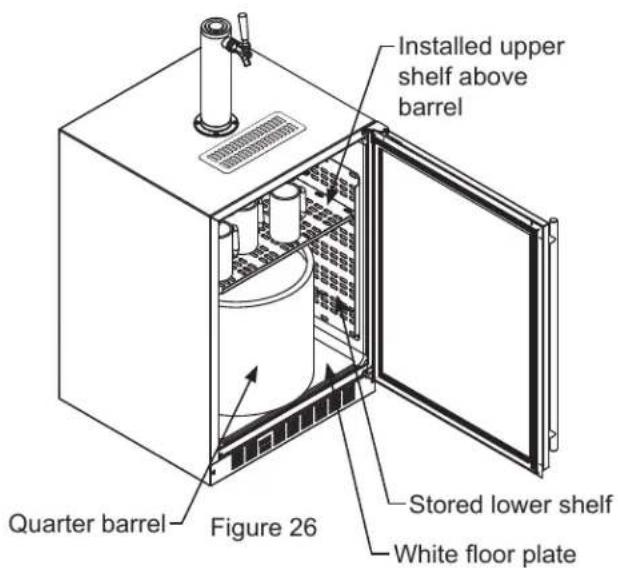Installed upper shelf above barrel Quarter barrel Figure 26 Stored lower shelf White floor plate