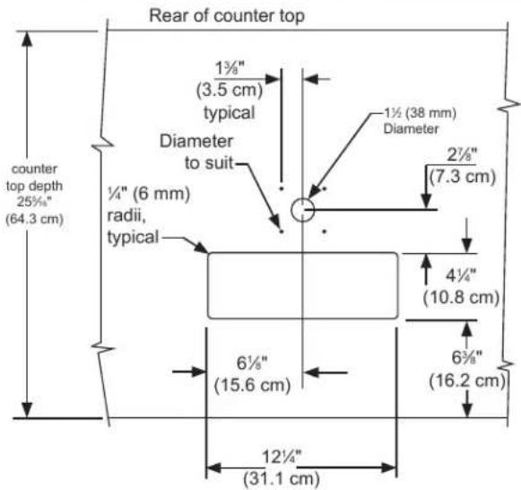 Rear of counter top 1¾" (3.5 cm) typical Diameter to suit ½" (6 mm) radii, typical 1½ (38 mm) Diameter 2½" (7.3 cm) 4½" (10.8 cm) 6½" (15.6 cm) 6¾" (16.2 cm) 12½" (31.1 cm) counter top depth 25½" (64.3 cm)