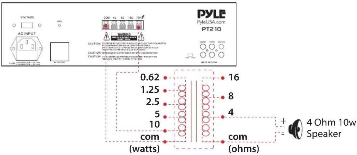 VOLTAGE AC INPUT FULL RED FOR 110V OUT FULL RED FOR 110V OUT COM 40 80 160 76V WARNING CAUTION TO PREVENT ELECTRIC BLOCK DO NOT USE THIS POLARIZED PLUG WITH AN PETRUM ON CHADS REFLECTURE OR DETAIL OUTPUT UNLESS THE BLACK CANDING FULLY HEIGHT TO PREVENT GLASS FABRIC CAUTION TO CONTINUED SURPLY ON DRIP ON CHANGES FROM CAUTION FOR CONTINUED PROTECTION ADJUSTED RISK OF FIRE REPLACE ONLY WITH SAME TYPE PROC. PYLE USA.com PT210 MADE IN CHINA 0.62 1.25 2.5 5 10 com (watts) 16 8 4 com (ohms) + - 4 Ohm 10w Speaker