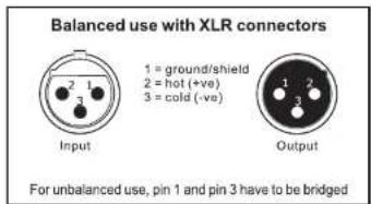 Balanced use with XLR connectors Input 1 = ground/shield 2 = hot (+ve) 3 = cold (-ve) Output For unbalanced use, pin 1 and pin 3 have to be bridged
