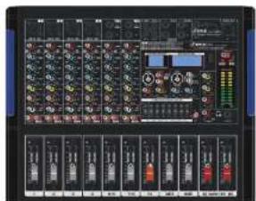 Front panel of a digital audio workstation interface with multiple instrument panels and control buttons