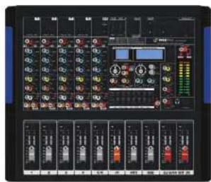 Front panel of an audio recording device with multiple knobs, dials, and a digital display