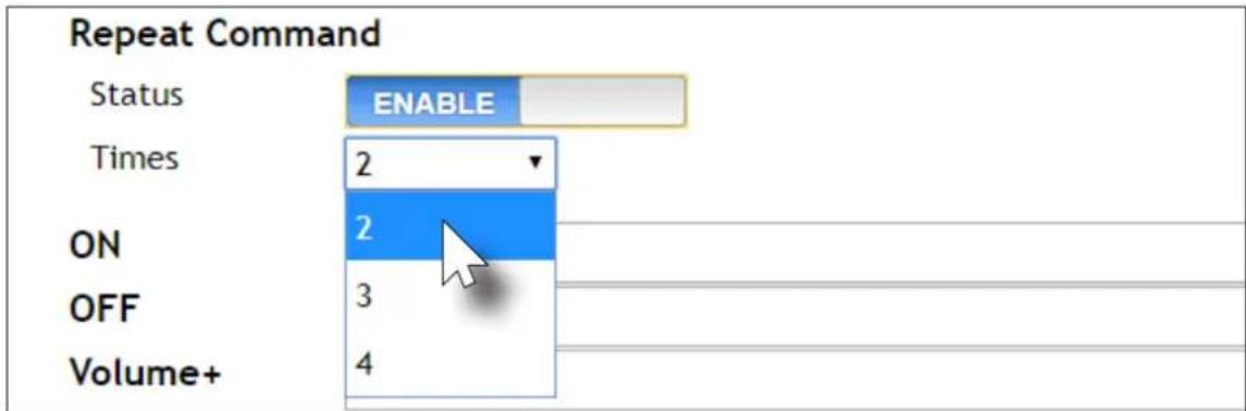 Repeat Command Status ENABLE Times 2 ON 2 OFF 3 Volume+ 4