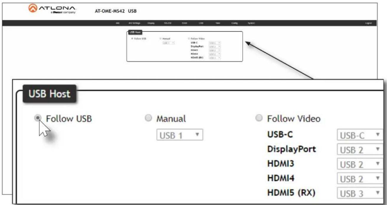ATLONA a Pessuit company AT-OME-MS42 USB USB Host Follow USB Manual Follow Video USB-C DisplayPort HDMI3 HDMI4 HDMI5 (RX) USB-C USB 2 USB 2 USB 2 USB 3 USB Host Follow USB Manual USB 1 Follow Video USB-C DisplayPort HDMI3 HDMI4 HDMI5 (RX)