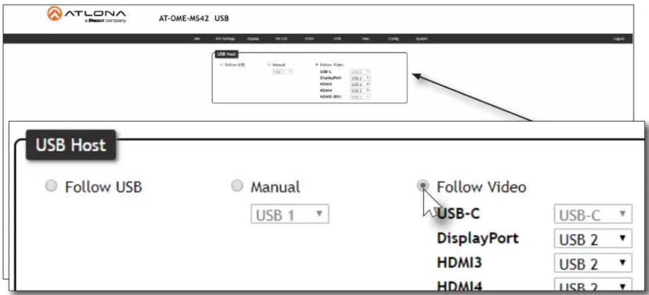 ATLONA a Resour company AT-OME-MS42 USB USB AV Settings Display HS-352 ECD USB Time Config System USB Host Follow USB Manual Follow video USB 1 USB-C DisplayPort USB 2 HDMS USB 2 HDMS USB 2 HDMS (80) USB 1 USB-C USB 2 HDMI3 USB 2 HDMI4 USB 2 USB 1 USB Host Follow USB Manual USB 1 Follow Video USB-C DisplayPort USB 2 HDMI3 USB 2 HDMI4 USB 2