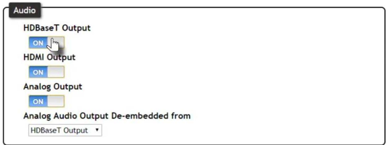 Audio HDBaseT Output ON HDMI Output ON Analog Output ON Analog Audio Output De-embedded from HDBaseT Output ▼