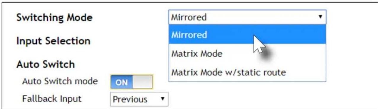 Switching Mode Input Selection Auto Switch Auto Switch mode ON Fallback Input Previous Mirrored Mirrored Matrix Mode Matrix Mode w/static route
