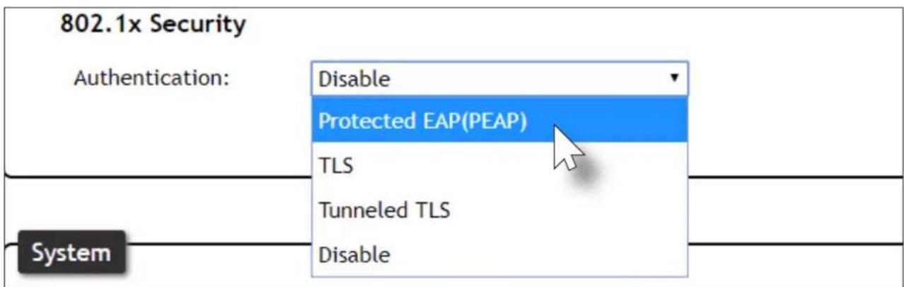 802.1x Security Authentication: Disable Protected EAP(PEAP) TLS Tunneled TLS Disable System