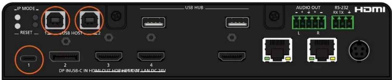 IP MODE RESET 1 USB HOST 2 USB HUB 1 2 3 4 AUDIO OUT L R RS-232 RX TX HDMI DP INUSB-C IN HDMI/OUT/HDB/HDMI/NT LAN/DC 2AV