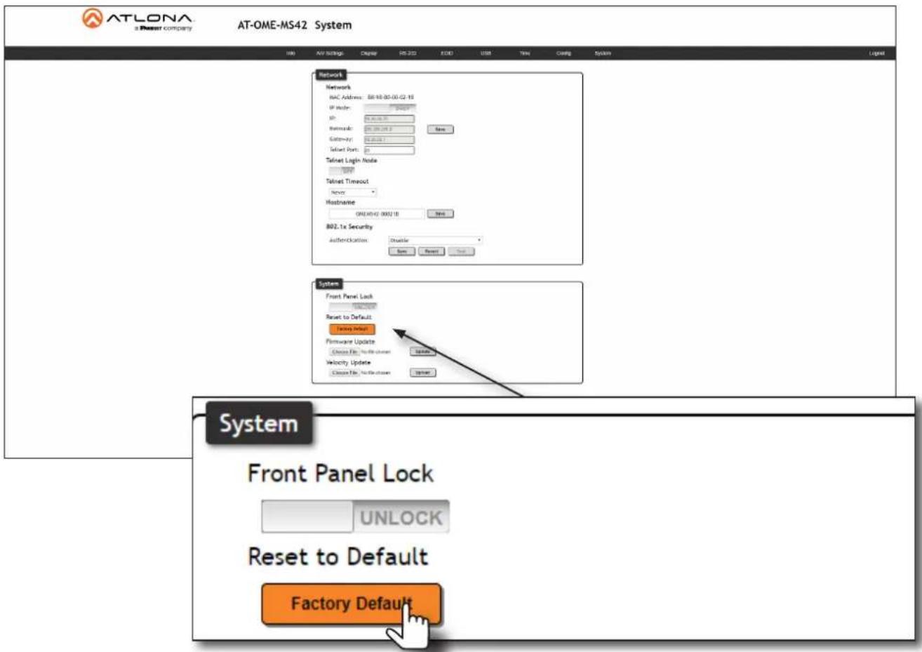 ATLONA a Power company AT-OME-MS42 System Network Network MAC Address: 88-10-00-00-G2-10 IP Mode: 99.000000 IP: 99.000000 Remode: 99.000000 Gateway: 99.000000 Select Port: 99 Talnet Login Node 100 Talnet Timeout None Hostname (99.000000) 18 Base B02.1x Security Authentication: Disable Save Reset Help System Front Panel Lock Reset to Default Setup Update Firmware Update Choose File, No Connection Velocity Update Choose File, No Connection Setup System Front Panel Lock UNLOCK Reset to Default Factory Default