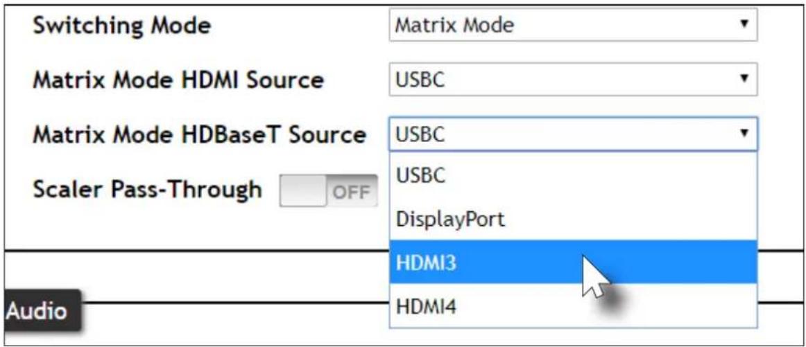 Switching Mode Matrix Mode HDMI Source USBC Matrix Mode HDBaseT Source USBC USBC DisplayPort HDMI3 HDMI4 Audio