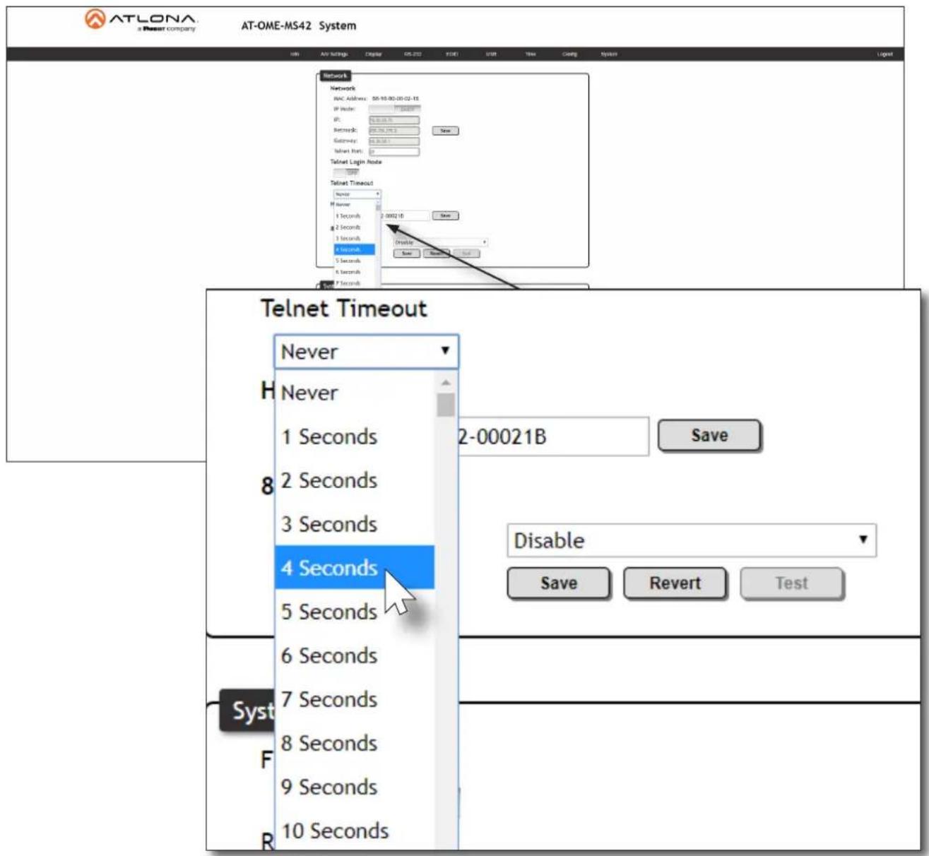 ATLONA at Pressort company AT-OME-MS42 System Iain AT Holdings Display 05.0702 TIME1 USB New Coating System1 Lognet Network Network: MAC Address: 50-10.00-03-02-18 IP Header: 1000000000000000000000000000000000000000000000000000000000000000 IP: Network: 16.794.274.274.274.274.274.274.274.274.274.274.274.274.274.274.274.274.274.274.274.274.274.274.274.274.274.2 Gateway: 16.794.274.274.274.274.274.274.274.274.274.274.274.274.274.274.274.2 Telnet Login Node Telnet Timeout Never 1 Second 2 Second 3 Second 4 Second 5 Second 6 Second 7 Second 8 Second 9 Second 10 Second Telnet Timeout Never H Never 1 Seconds 2 Seconds 3 Seconds 4 Seconds 5 Seconds 6 Seconds 7 Seconds 8 Seconds 9 Seconds 10 Seconds 2-00021B Save Disable Save Revert Test Syst F R