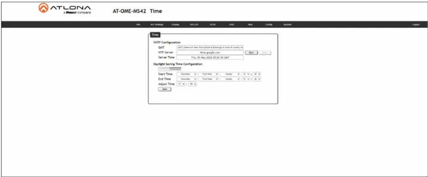 ATLONA a Resour company AT-OME-MS42 Time Time SNTP Configuration GNT (GNT) Greenworth New Time (Mobile & Edinburgh & London & London) NTP Server New geogstar.com Server Time This, 01 May 2022 00:20:38 GMT Daylight Saving Time Configuration Start Time December Final Time Thursday 01 1 10 End Time December Third Time Thursday 01 1 10 Adjust Time 01 1 09 Save