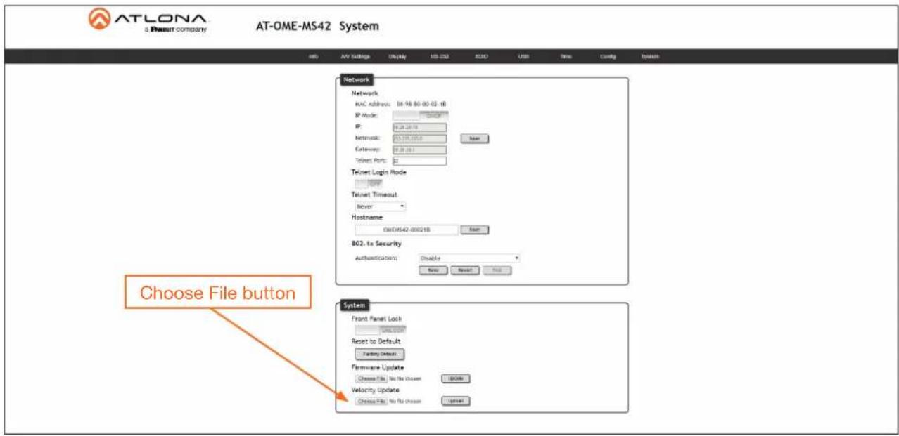 ATLONA a Resour company AT-OME-MS42 System AV Settings Display MS-250 ISO/1 USB Time Coding System Network Network MAC Address: 88.98.80.00.03.1B IP Mode: 161007 IP: 88.98.80.1B Network: 88.98.80.2 Gateway: 88.98.80.3 Telnet Port: 2 Telnet Login Mode Telnet Timeout Never Hostname On/OIS42-00021B Base BO2.1x Security Authentication: Disable Save Cancel Help System Front Panel Lock ON/OIS42-00021B Reset to Default Carryer Default Firmware Update Choose File for the chosen 100% Velocity Update Choose File for the chosen 100%
