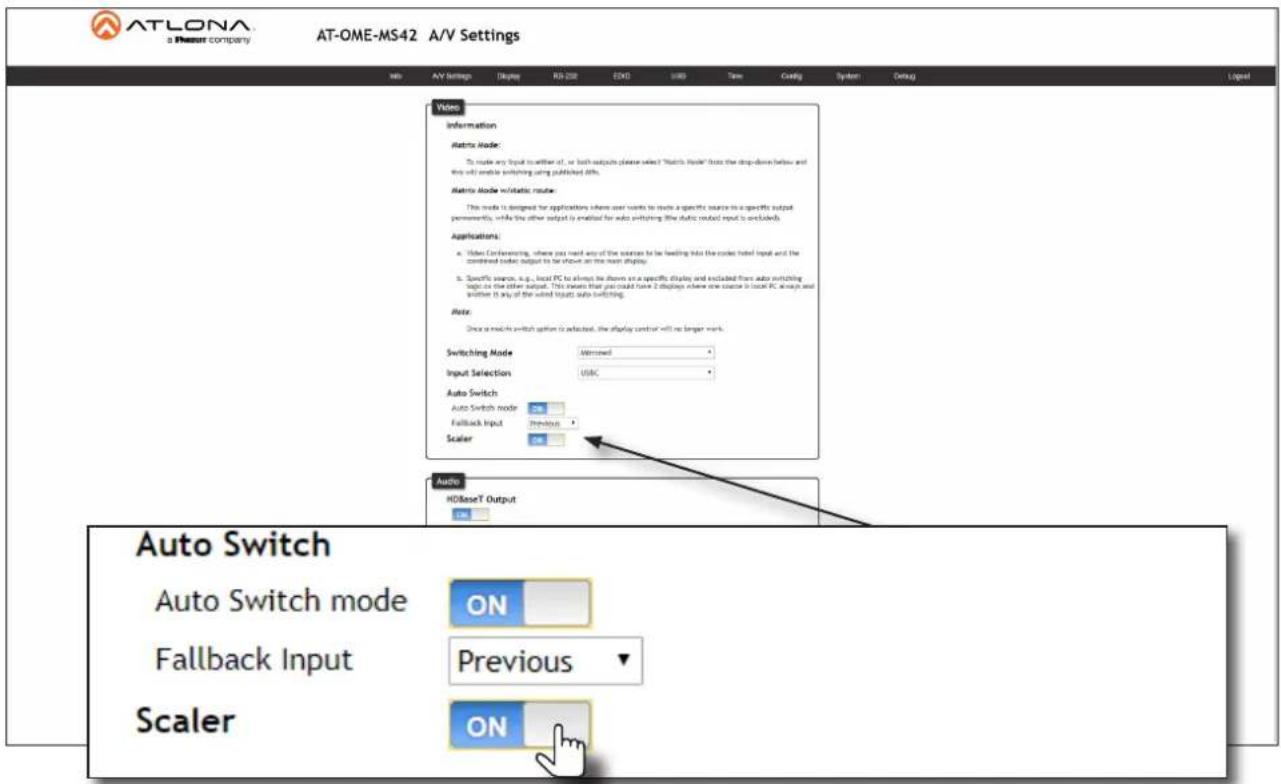 ATLONA a Resort company AT-OME-MS42 A/V Settings Info A/V Settings Display R0 200 EXE USB Time Coding System Debug Video Information Matrix Mode: To make any input to either of, or both outputs please select "Matrix Mode" (see the drop-down below and this will enable switching using published skills. Matrix Mode w/dastic mode: This mode is designed for applications where user wants to make a specific source in a specific output permanently, while the other output is enabled for auto switching. The static mode input is excluded. Applications: a. Video Confinancing, where you need any of the sources for the loading into the code tested input and the combined mode output to be shown on the main display b. Specific source, e.g., local PC to always be shown on a specific display and excluded from auto switching topic or the other output. This means that you could have 2 displays where one source in local PC always and another in any of the wired input auto switching. Auto: Show a mode in switch option is adjusted, the display control will no longer work. Switching Mode Altered Input Selection USBC Auto Switch Auto Switch mode Fallback Input Previous Scaler Audio HDBaseT Output Auto Switch Auto Switch mode ON Fallback Input Previous Scaler ON