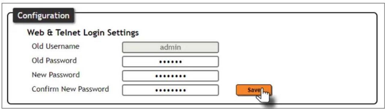 Configuration Web & Telnet Login Settings Old Username admin Old Password .......... New Password .......... Confirm New Password .......... Save