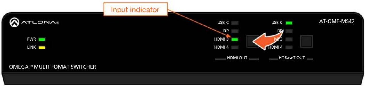 ATLONA® PWR LINK Input indicator USB-C DP HDMI 3 HDMI 4 USB-C DP MV 3 HDMI 4 AT-OME-MS42 HDMI OUT HDBaseT OUT OMEGA TM MULTI-FOMAT SWITCHER