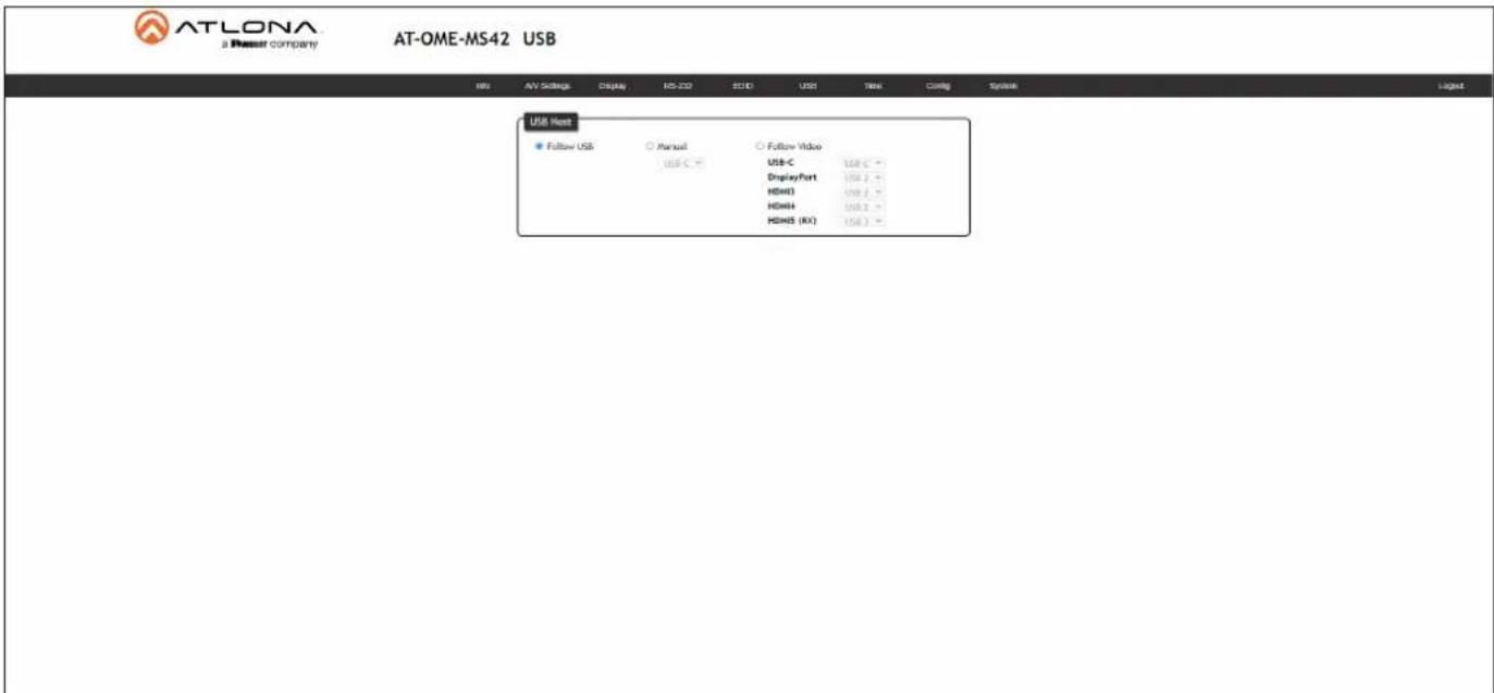 ATLONA a Power company AT-OME-MS42 USB USB Host Follow USB ○ Manual ○ Follow Video USB C - USB C - DisplayPort 100.2 - HDWH 100.2 - HDWH 100.2 - HDHS (IX) 100.2 -