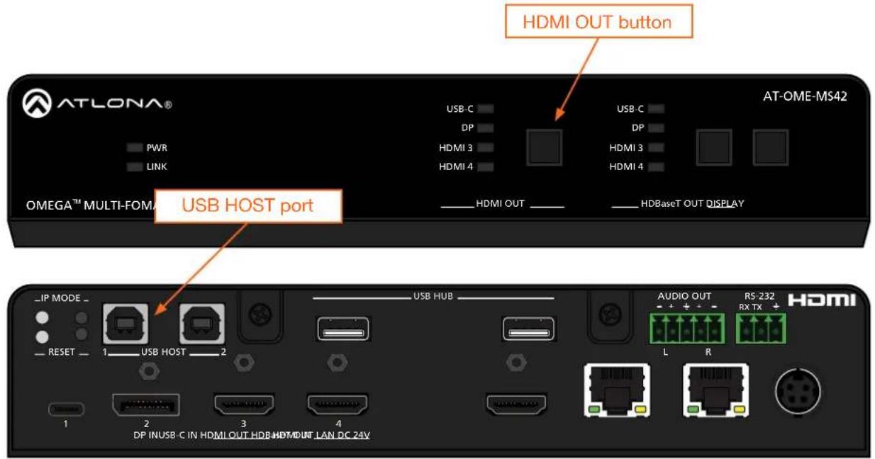 HDMI OUT button ATLONA® USB C DP HDMI 3 HDMI 4 USB C DP HDMI 3 HDMI 4 AT-OME-MS42 PWR LINK OMEGA™ MULTI-FOMA USB HOST port ——— HDMI OUT ———— HDBaseT OUT DISPLAY ——— IP MODE — ——— RESET —— 1——— USB HOST —— 2 ——— ——— USB HUB ———— AUDIO OUT + + + - R5 232 RX TX + L R HDMI 1 2 3 4 DP INUSB C IN HDMI OUT HDB HDMOUNT LAN DC 24V