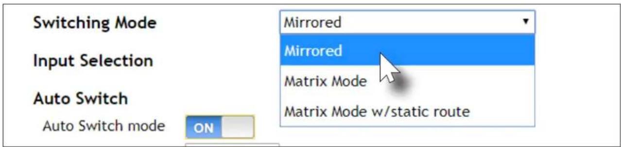 Switching Mode Input Selection Auto Switch Auto Switch mode ON Mirrored Mirrored Matrix Mode Matrix Mode w/static route
