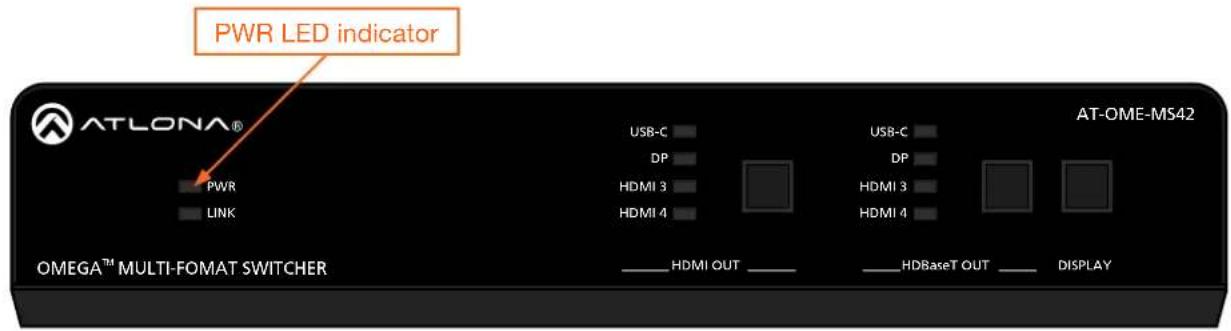 PWR LED indicator ATLONA® PWR LINK USB-C DP HDMI 3 HDMI 4 USB-C DP HDMI 3 HDMI 4 AT-OME-MS42 OMEGA™ MULTI-FOMAT SWITCHER —— HDMI OUT ——— —— HDBaseT OUT ——— DISPLAY