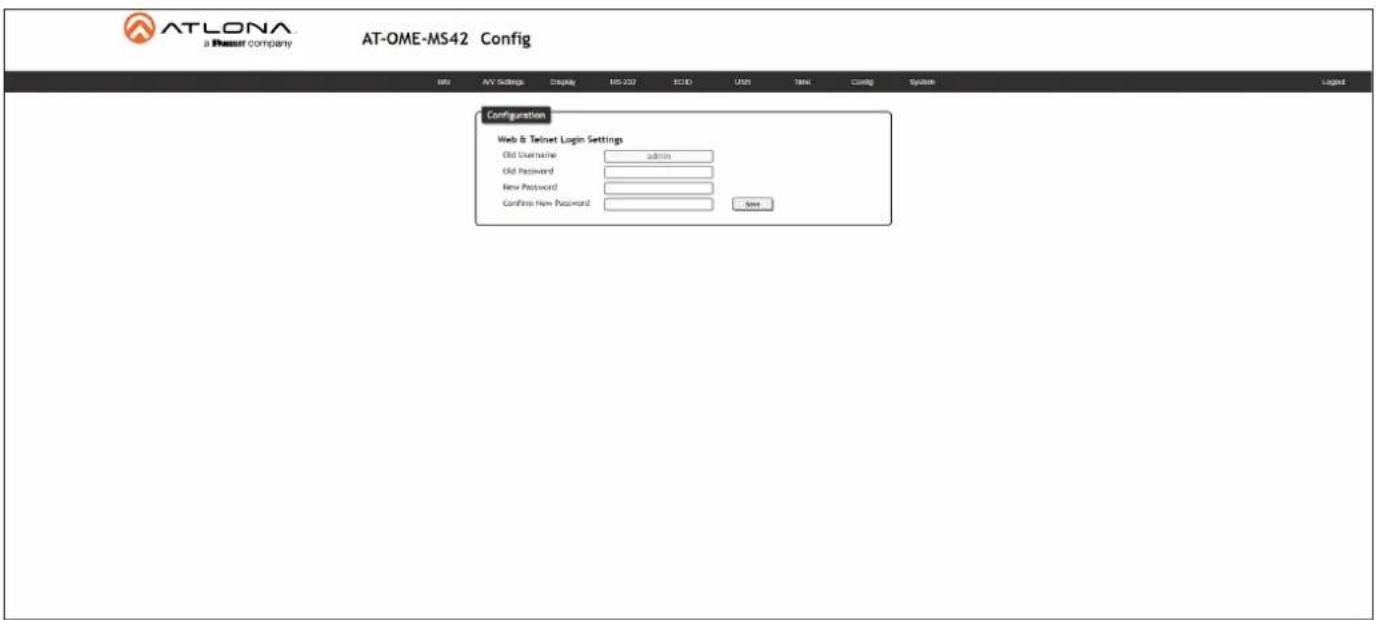 ATLONA a Passer company AT-OME-MS42 Config Configuration Web & Telnet Login Settings Old Username: admin Old Password: New Password: Confirm New Password: None Next