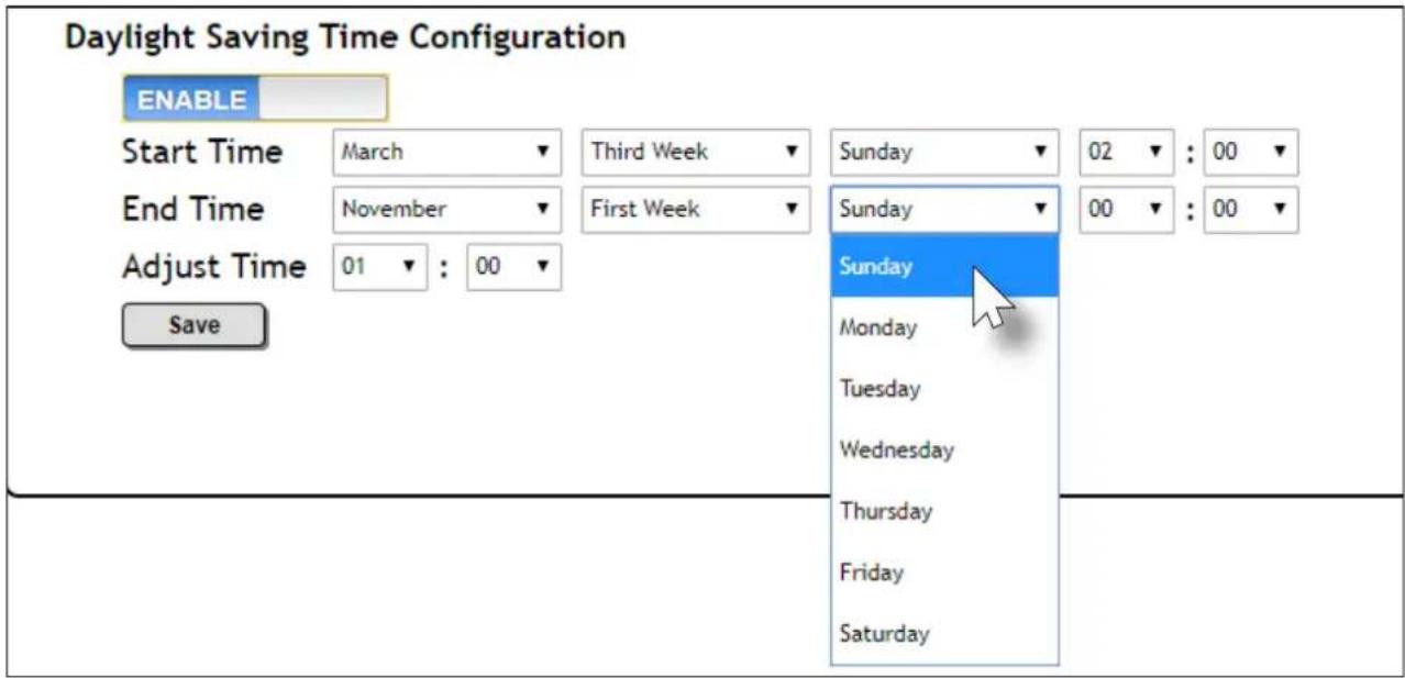 Daylight Saving Time Configuration ENABLE Start Time March Third Week Sunday 02 : 00 End Time November First Week Sunday 00 : 00 Adjust Time 01 : 00 Save Sunday Monday Tuesday Wednesday Thursday Friday Saturday