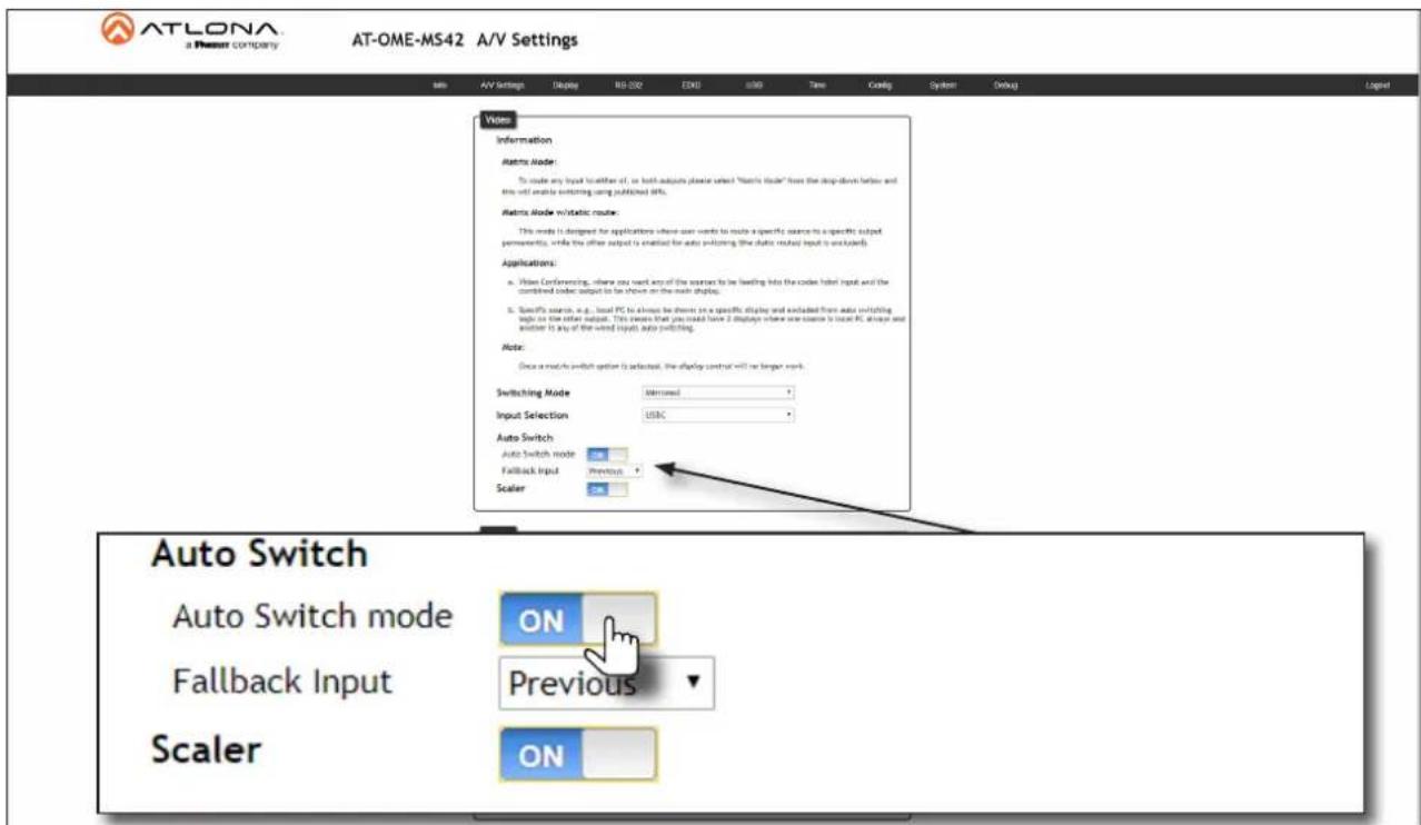 ATLONA a Power company AT-OME-MS42 A/V Settings Info AV Settings Display MS 002 EXO USD Time Config System Debug Logset Notes Information Matrix Mode: To make any input to offset it, we both adjust please select "Matrix Mode" from the drop-down button and this will enable switching using published MRS. Matrix Mode w/static route: This mode is designed for applications where user needs to make a specific source to a specific output permanently, while the other output is enabled for auto-punching (the static output is excluded). Applications: a. When Conferencing, where you want any of the sources to be leading into the code label input and the combined order output to be shown on the main display. b. Specific orders, e.g., local PC to always be themes in a specific display and excluded from auto switching, begin on the other subset. This means that you could have 2 displays where one source is local PC, instead and another is any of the wind inputs auto-punching. Note: Once a module switch option is selected, the display control will not longer work. Switching Mode Micronel Input Selection USDC Auto Switch Auto Switch mode Fallback Input Previous Scaler Auto Switch Auto Switch mode ON Fallback Input Previous Scaler ON