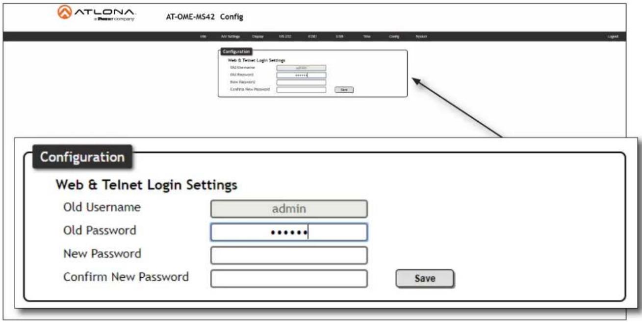 ATLONA a Petron company AT-OME-MS42 Config Configuration Web & Telnet Login Settings Old Username admin Old Password ****** New Password Confirm New Password Save Configuration Web & Telnet Login Settings Old Username admin Old Password ****** New Password Confirm New Password Save