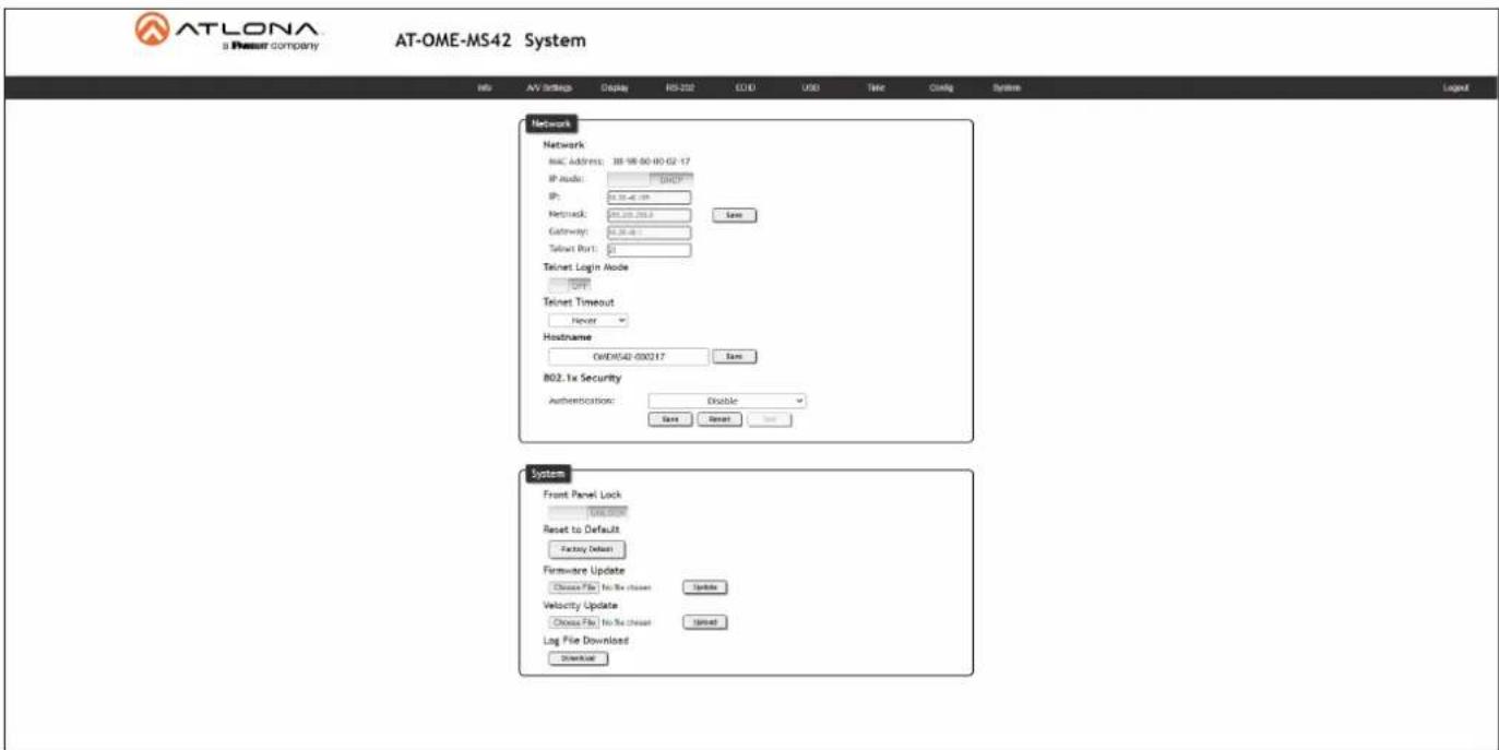 ATLONA a Pessur company AT-OME-MS42 System Info AV Settings Display RS-232 COLD USD Tsc Config System Network Network MAC Address: 38-18-00-00-G2-17 IP Audio: DHCP IP: 9.35-4.199 Network: 268,202,203.0 Save Gateway: 9.35-4.199 Telnet Port: 0 Telnet Login Mode TCP Telnet Timeout Never Hostname OWEMU42-00X217 Save B02.1x Security Authentication: Disable Save Cancel System Front Panel Lock 104.0000 Reset to Default Factory Delete Firmware Update Choose File: No 3x Chaser Update Velocity Update Choose File: No 3x Chaser Update Log File Download Download
