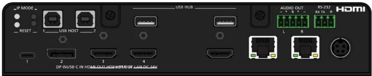 _IP MODE _ _ RESET _ 1___USB HOST ___2 1 2 3 4 USB HUSB AUDIO OUT + + - L R RS-232 RX TX HDMI DP INUSB-C IN HOMEOUT-HDS HBMOUT LANDC 24V